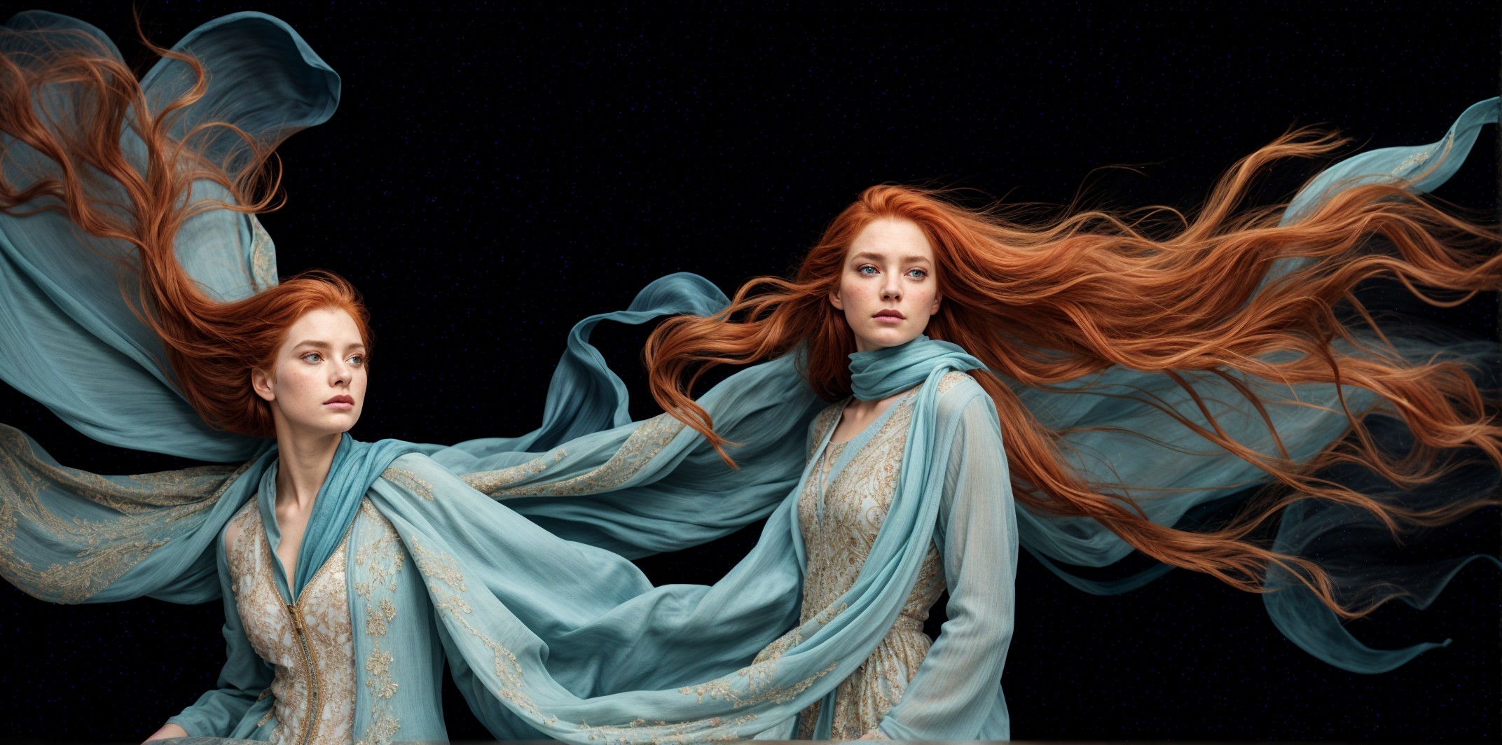 Two Women with Red Hair in Elegant Blue Garments