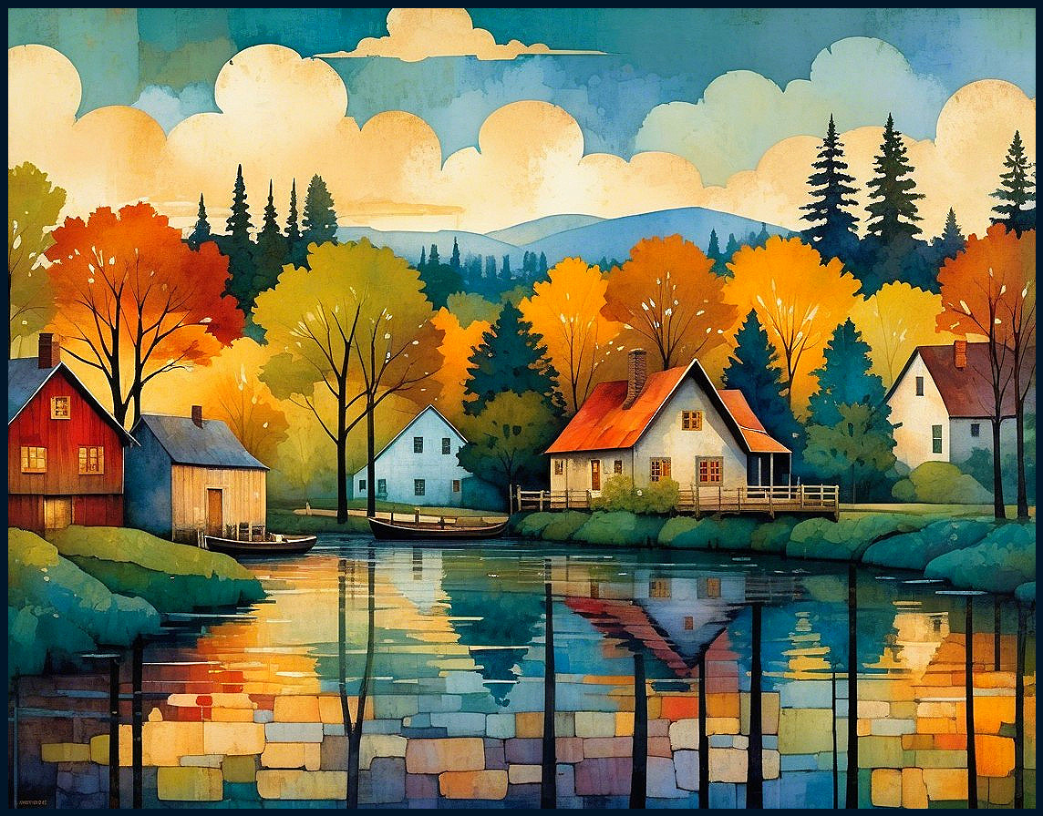 Serene Landscape of Cottages by a Tranquil Lake