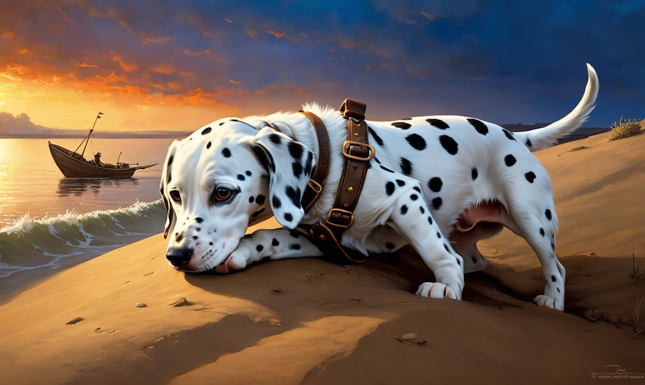Dalmatian Dog on Beach at Sunset with Ocean Waves