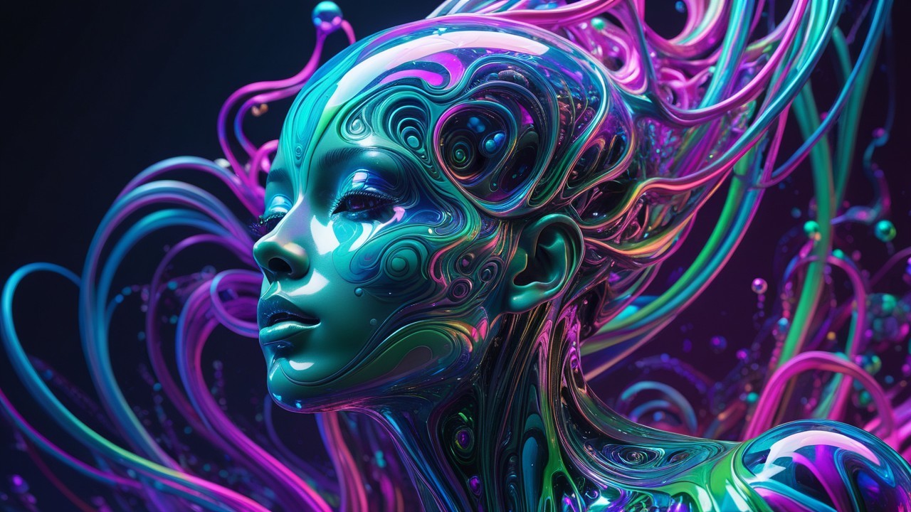 Futuristic Iridescent Figure with Colorful Patterns