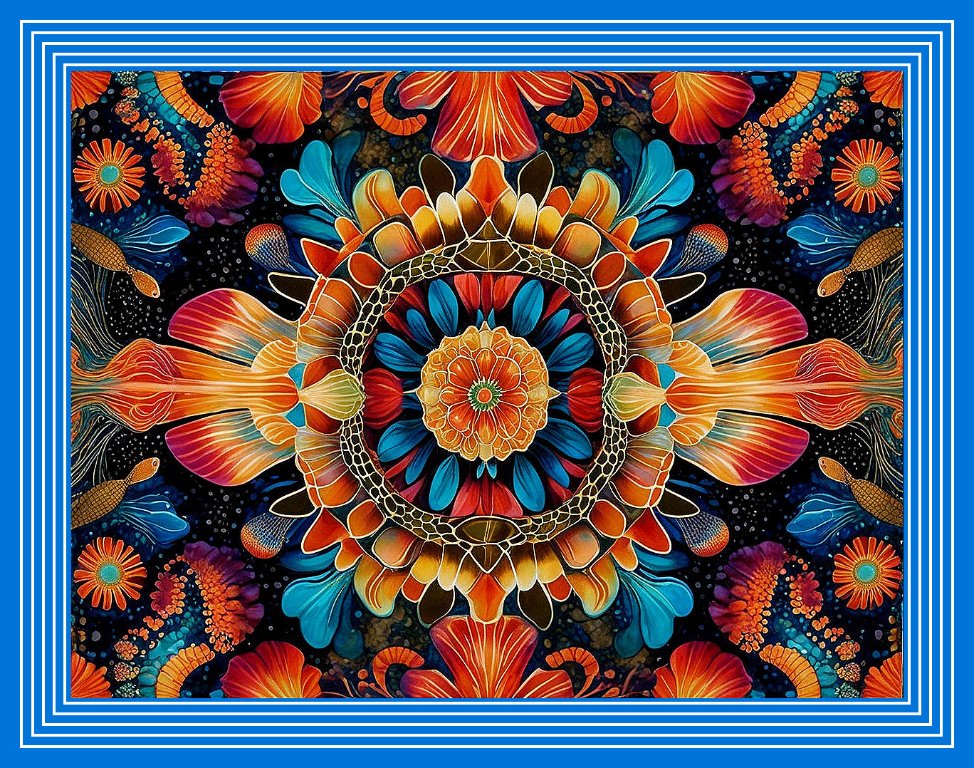 Vibrant Floral and Aquatic Pattern on Black Background