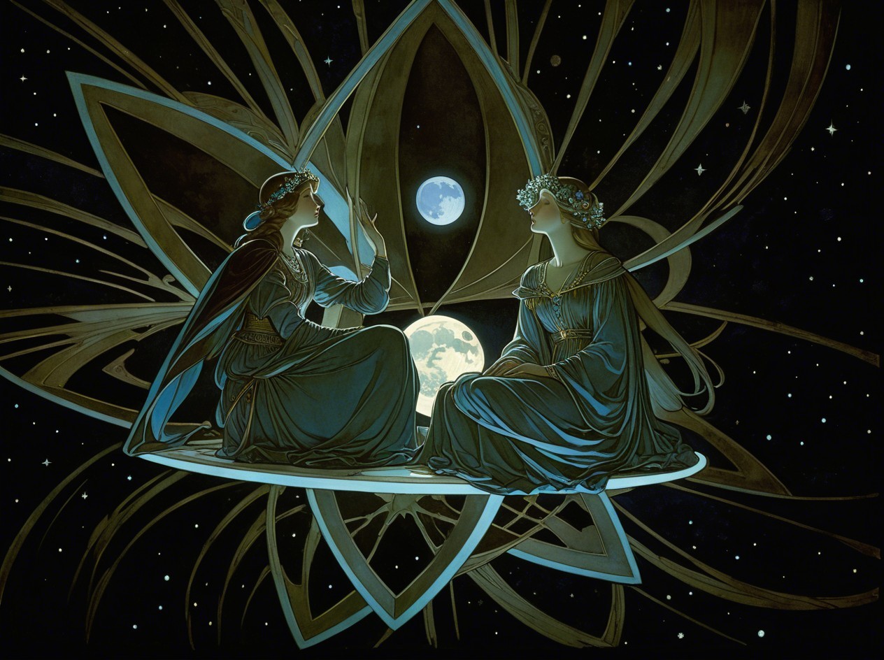 Women in Long Dresses on Glowing Platform Under Moons