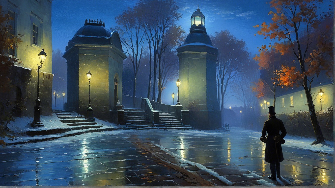 Serene Winter Evening on a Cobblestone Street