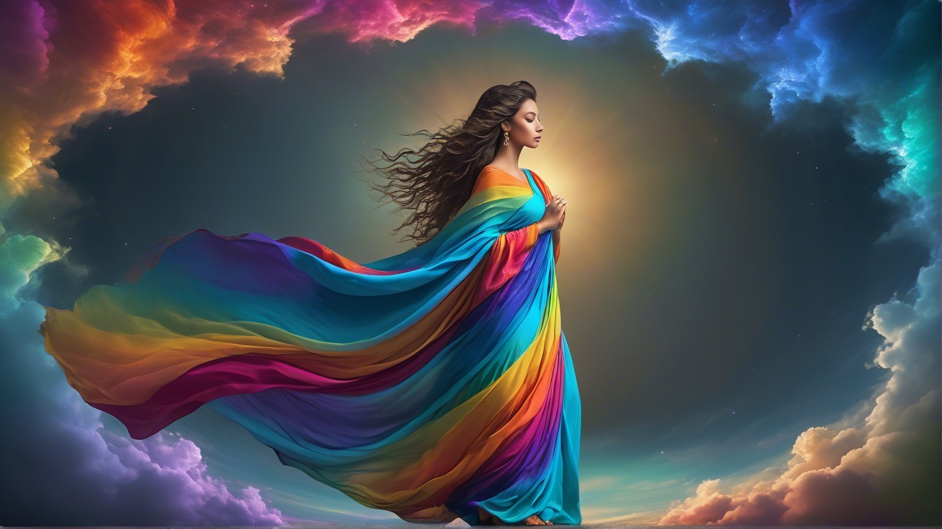 Graceful figure in vibrant robe against swirling clouds