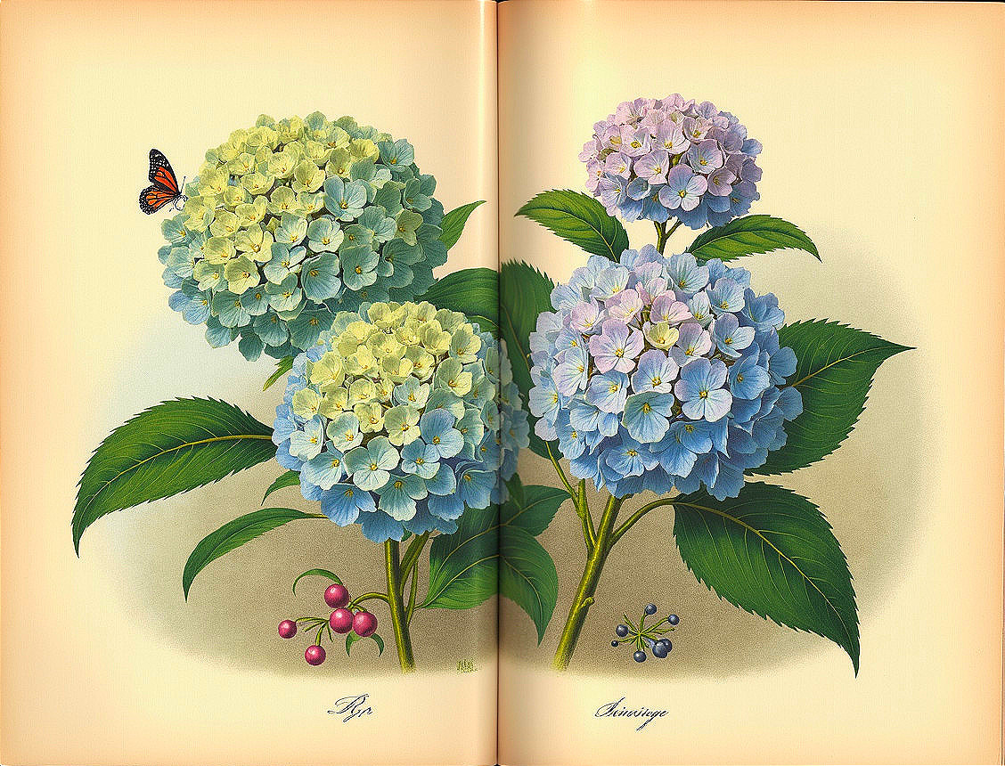 Clusters of Hydrangea Flowers with Butterfly Accent