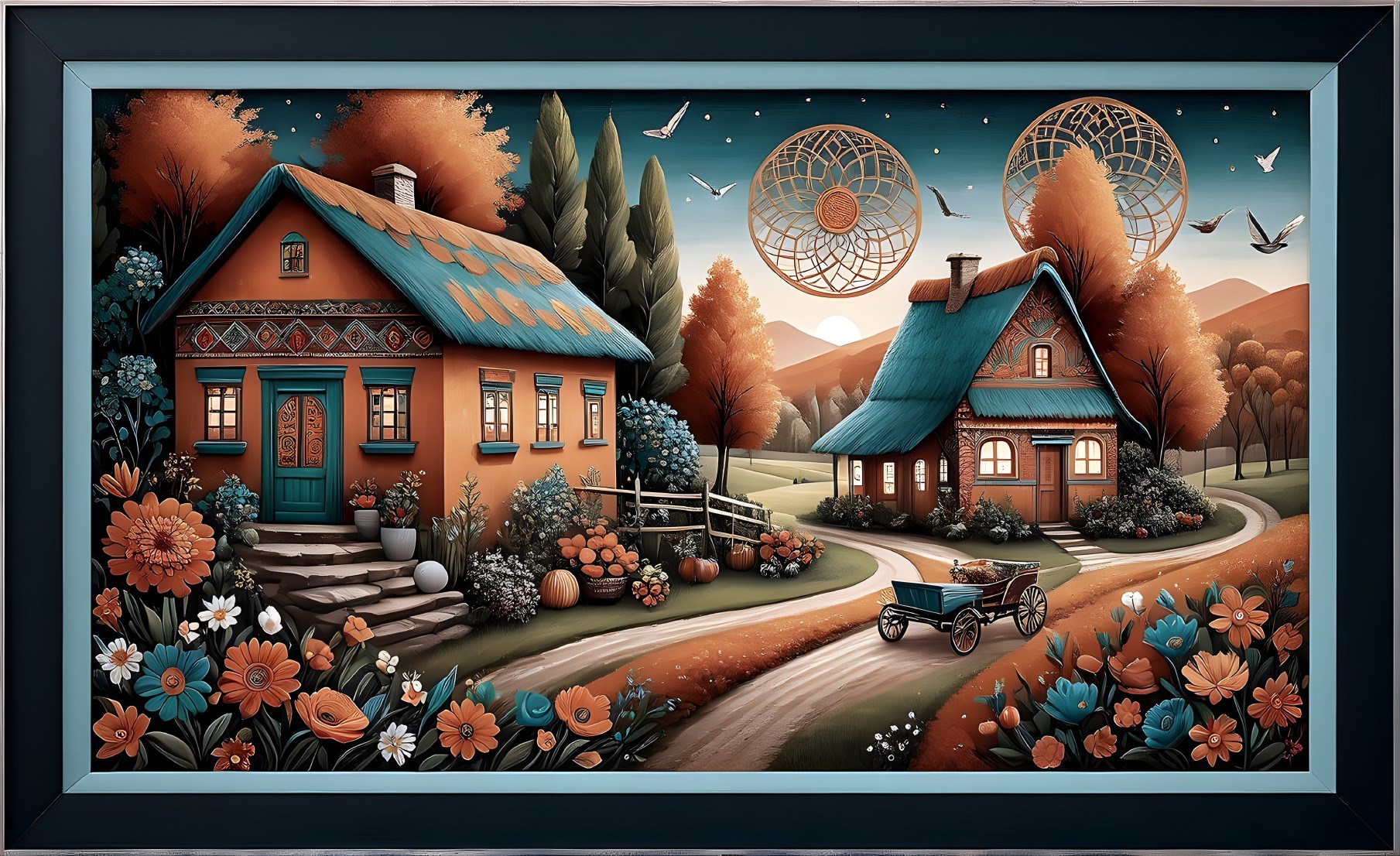 Charming Houses in Vibrant Autumn Landscape Scene