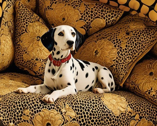 Dalmatian Dog on Ornate Couch with Floral Cushions
