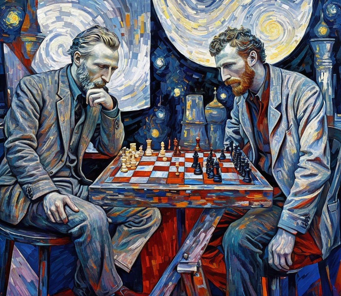 Historical Figures Playing Chess with Vibrant Backdrop