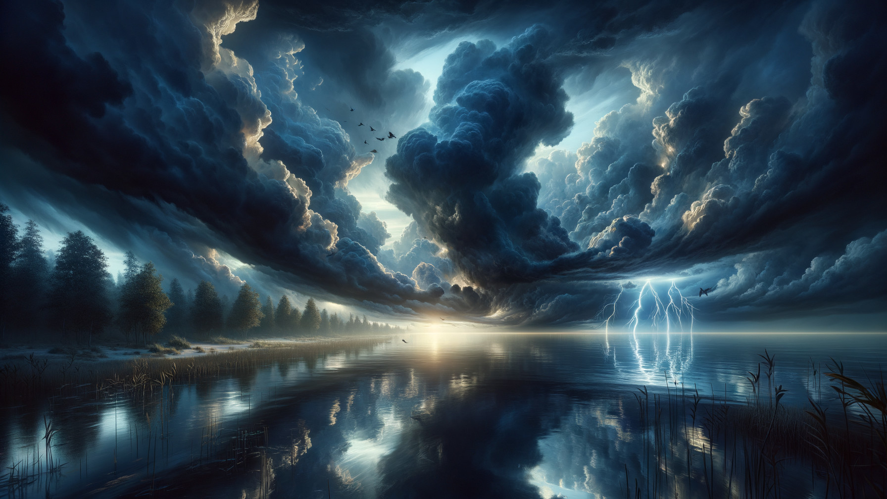 Storm Clouds Over Tranquil Lake with Lightning Display