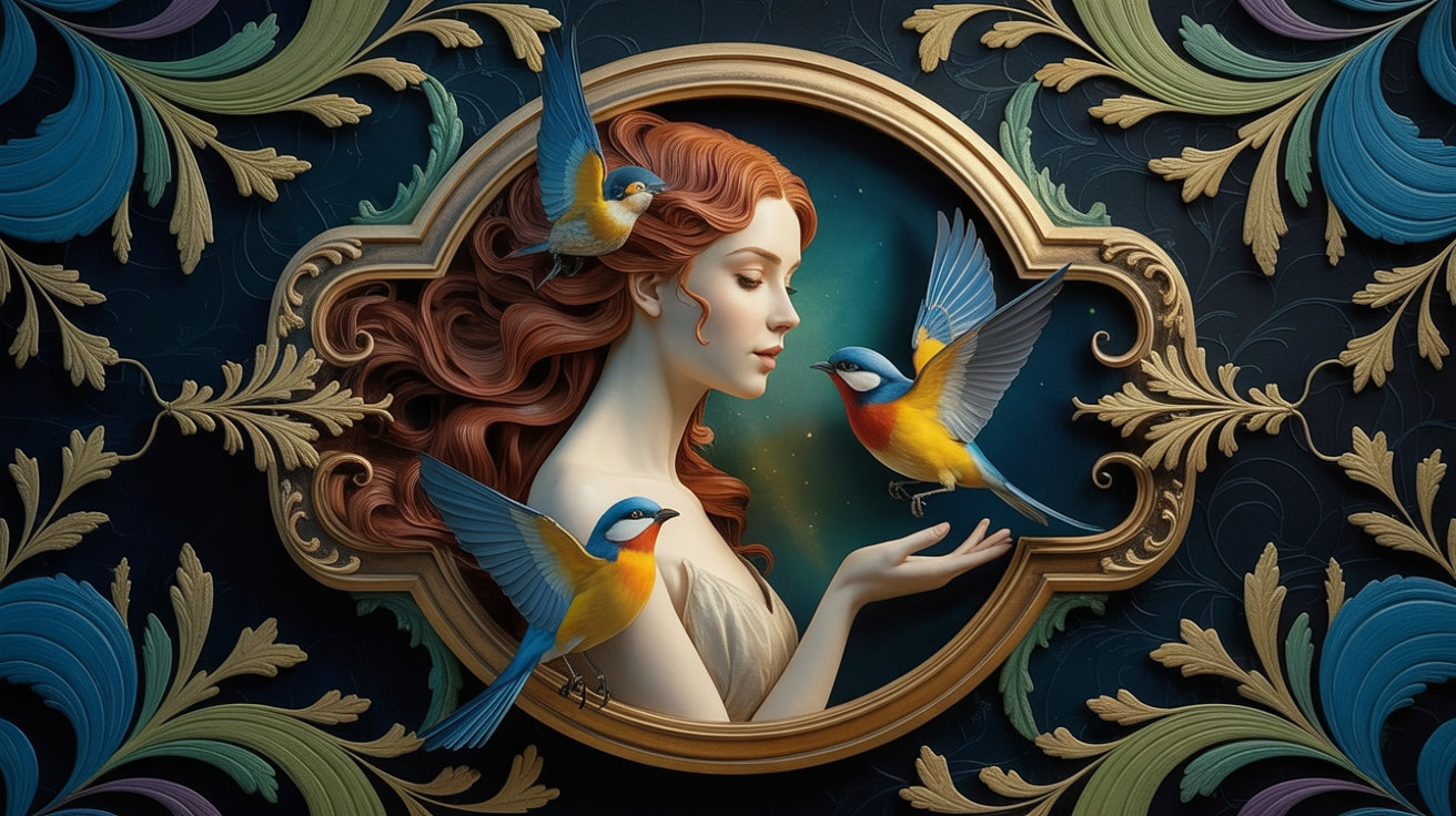 Serene Woman with Red Hair and Vibrant Birds in Frame
