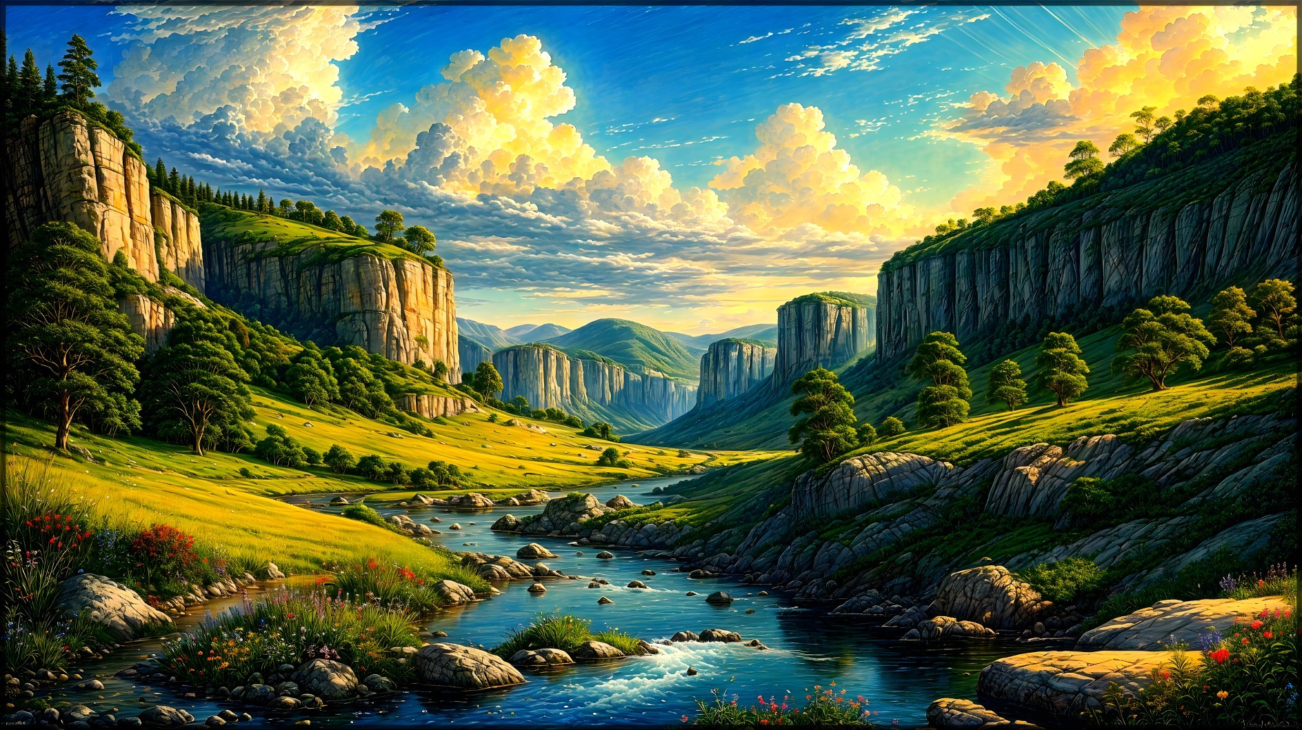 Vibrant Landscape with Green Hills and Winding River
