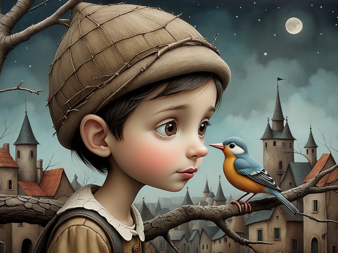 Moonlit Scene of a Boy and Colorful Bird
