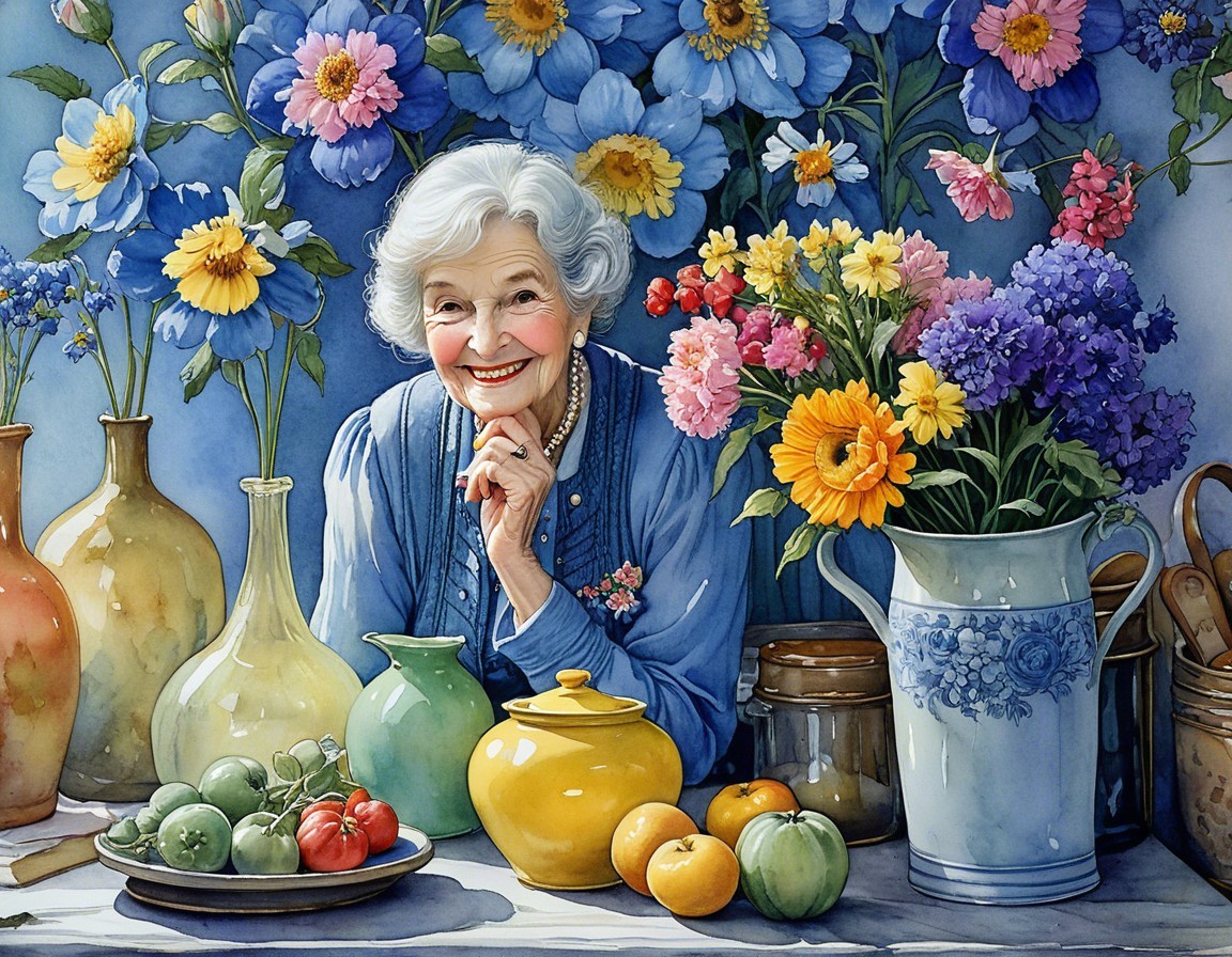 Elderly Woman Surrounded by Colorful Flowers and Pottery