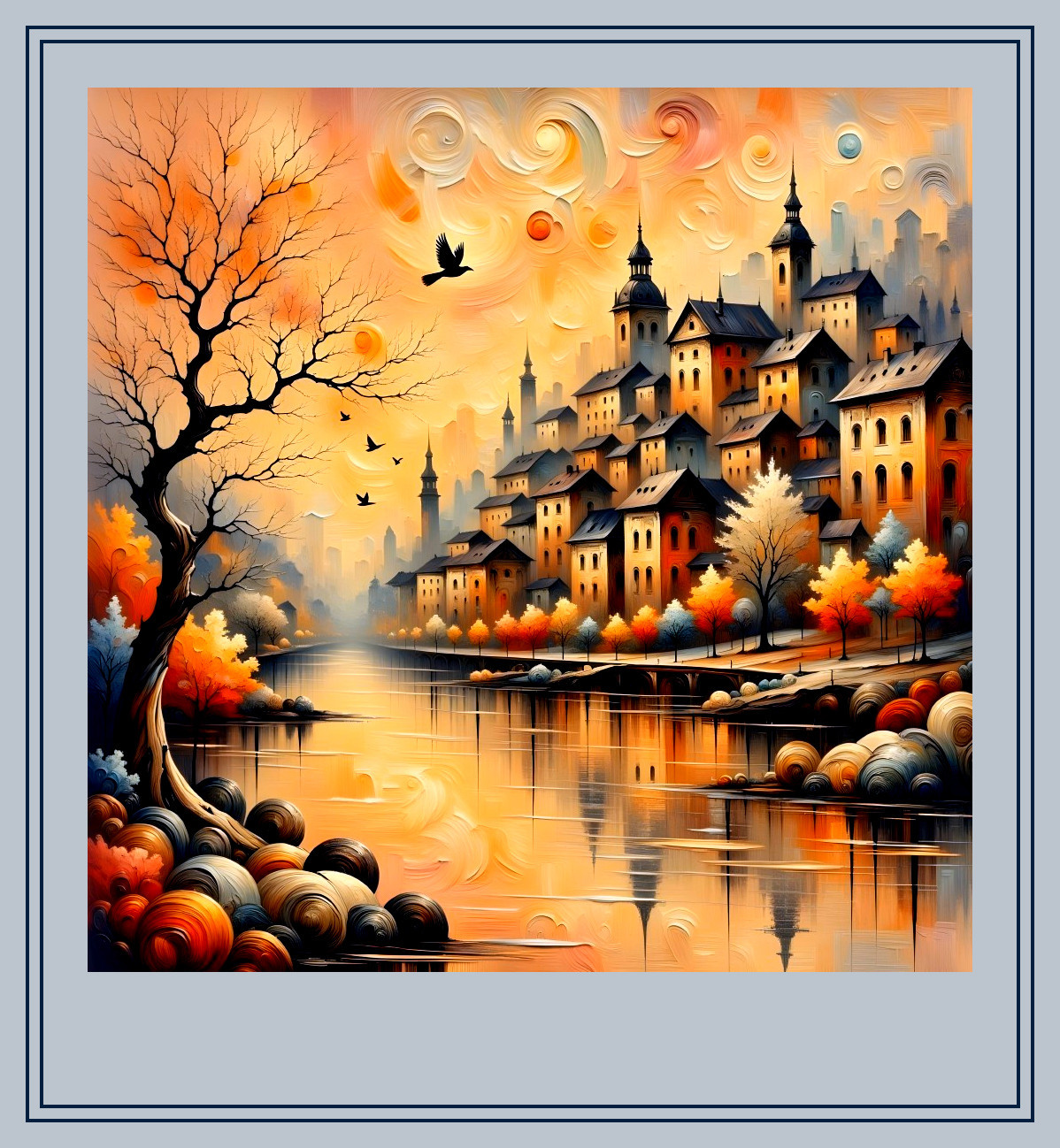 Autumn Village Scene by a Shimmering River