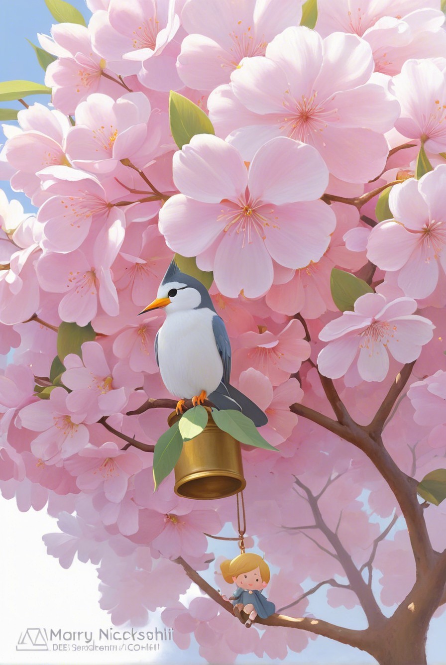 Whimsical Scene of Bird on Bell Among Cherry Blossoms