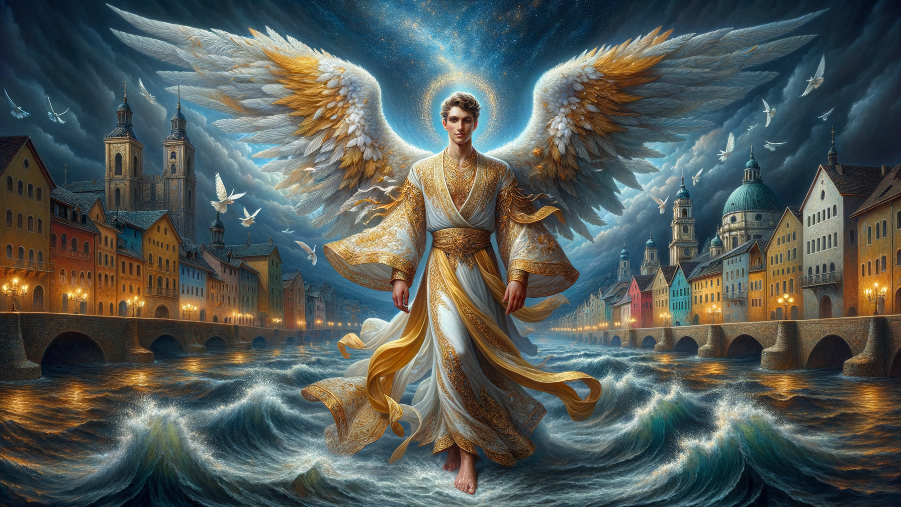 Angel with Gold-White Wings in River Setting