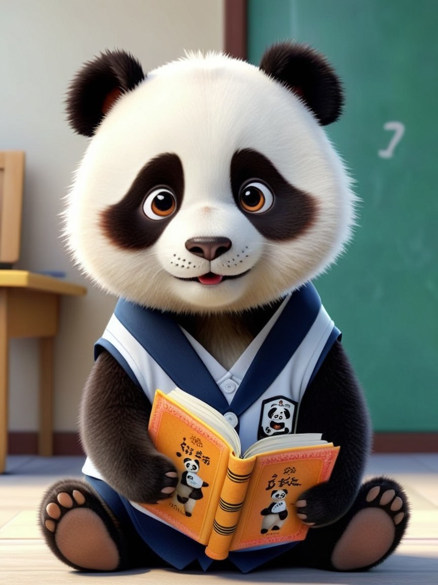 Cartoon Panda in School Uniform Reading in Classroom