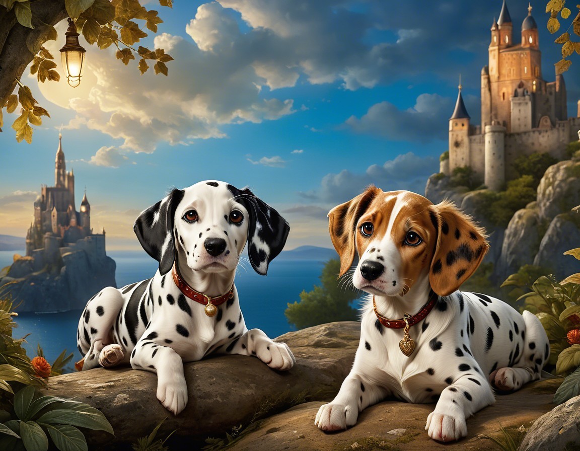 Puppies on a Ledge with Castle and Sea View