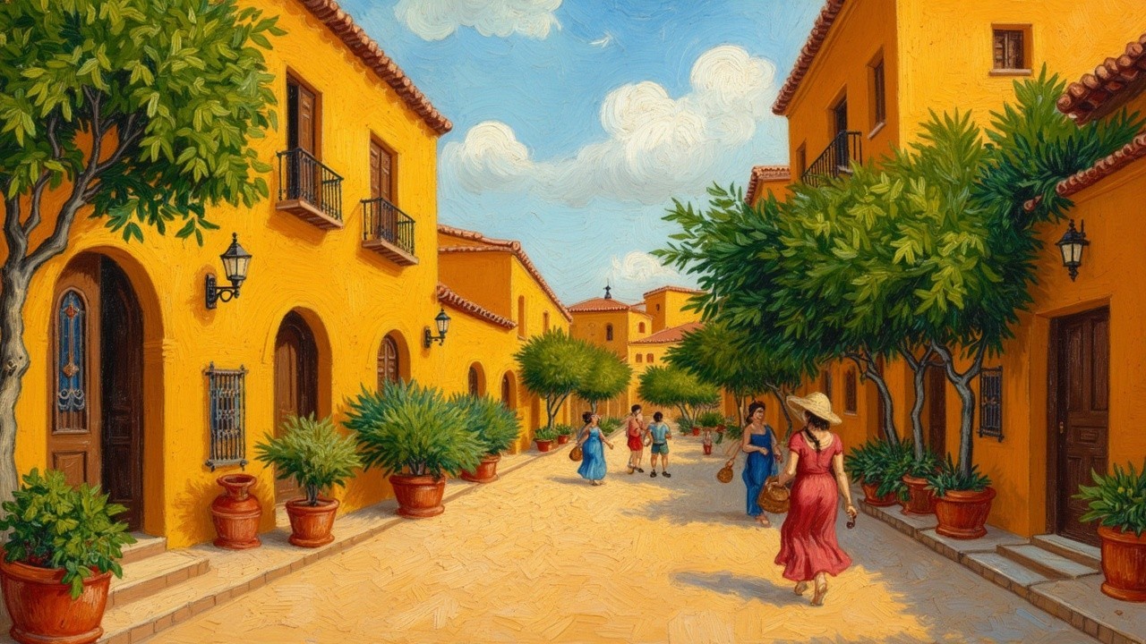 Vibrant Village Street with Orange Buildings and Trees