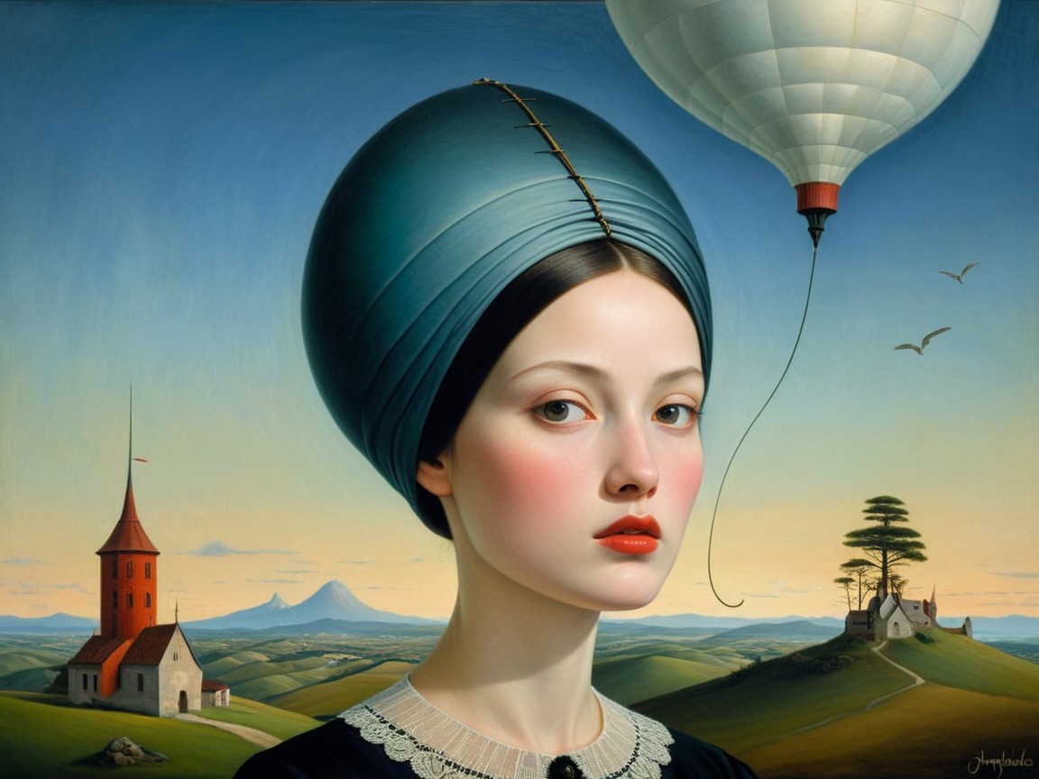 Surreal Landscape with Woman and Whimsical Balloon
