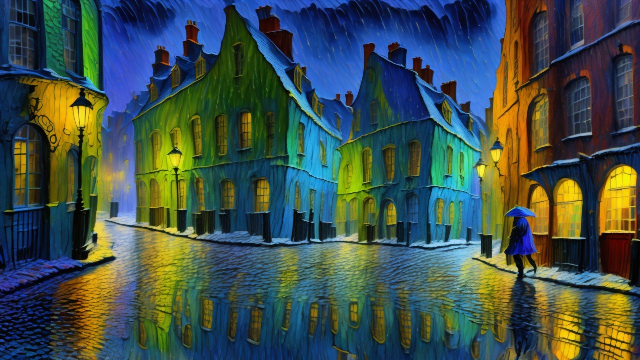 Vibrant Night Scene of Cobblestone Street with Lights