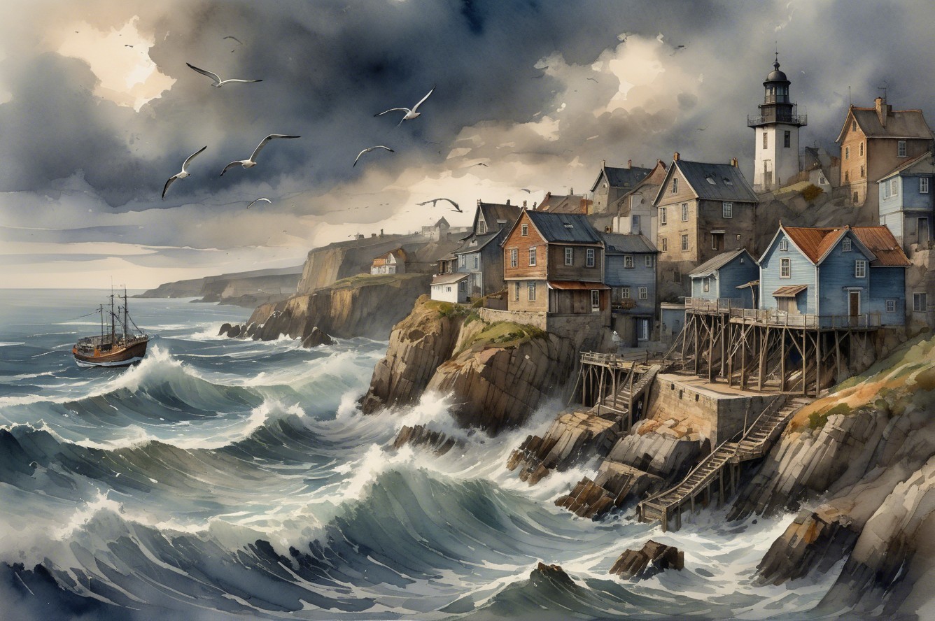 Watercolor Painting of Village by Stormy Sea and Lighthouse