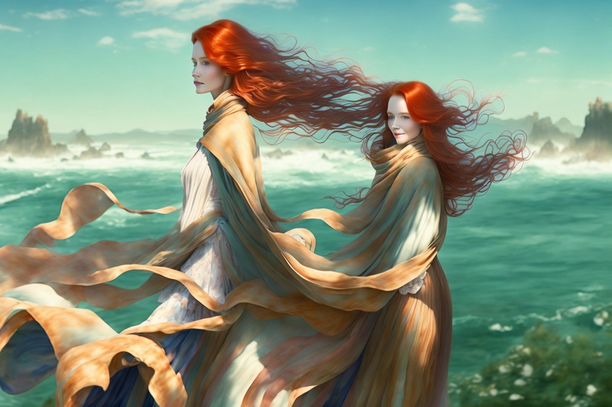 Ethereal Figures by Serene Ocean with Flowing Hair