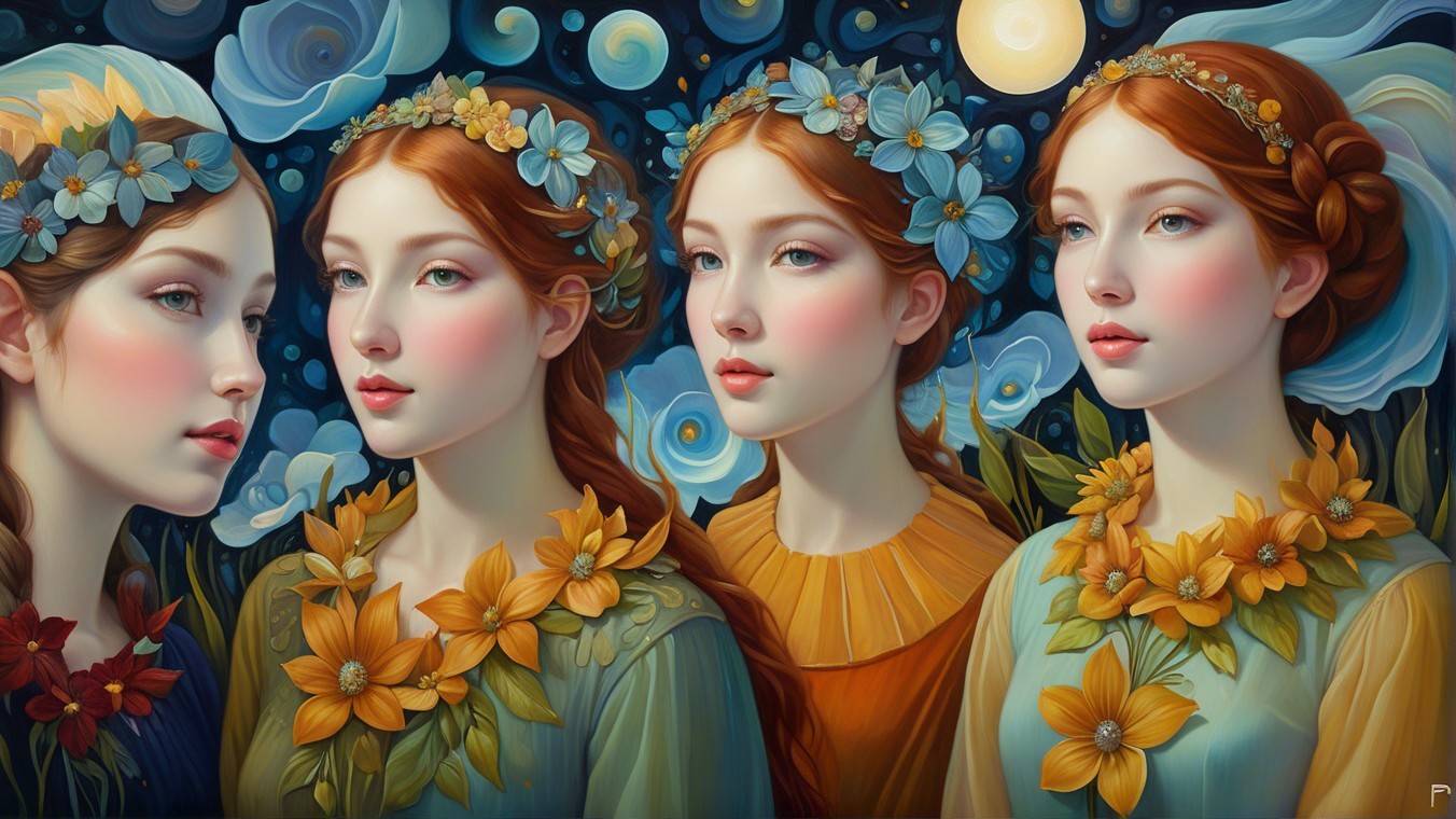 Ethereal Women with Floral Crowns in Dreamy Night Sky
