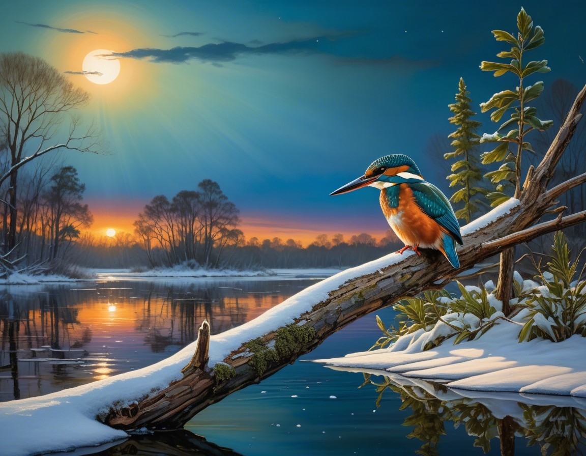 Kingfisher on Snowy Branch by Tranquil River Scene
