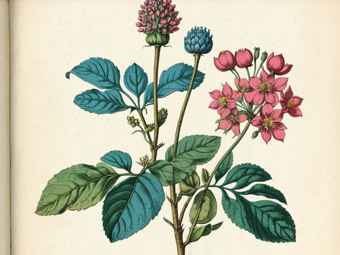 Botanical Illustration of Flowering Plant with Pink Blossoms