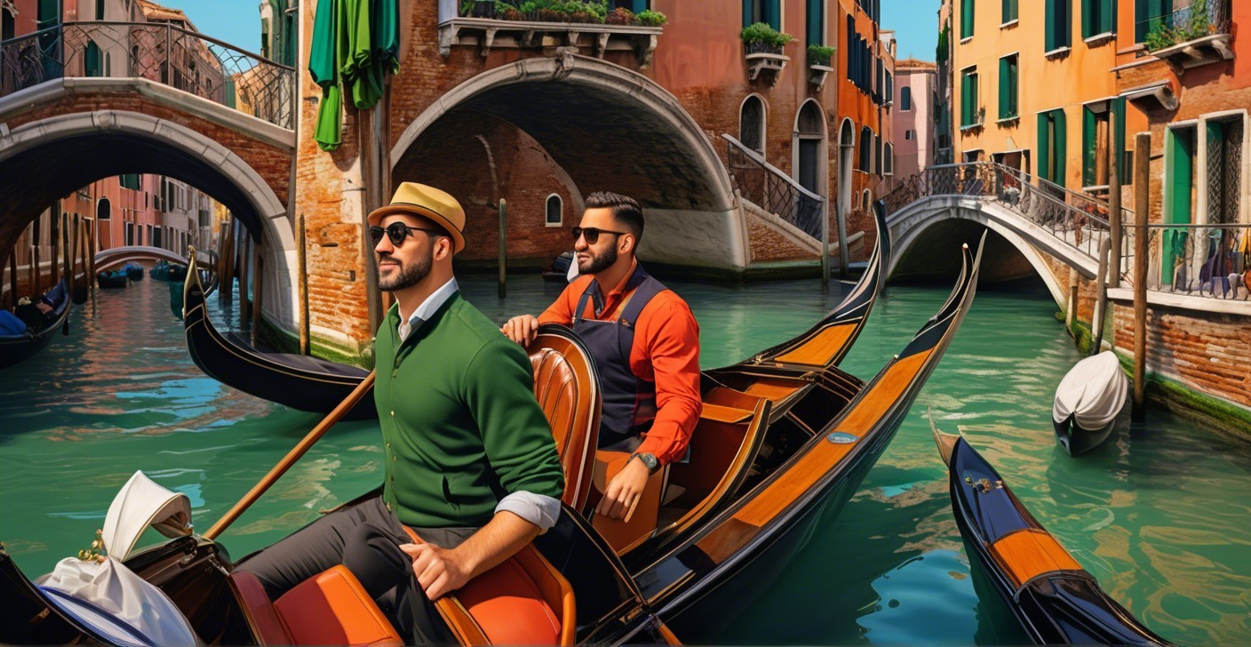 Stylish Men in Gondola on Venetian Canal