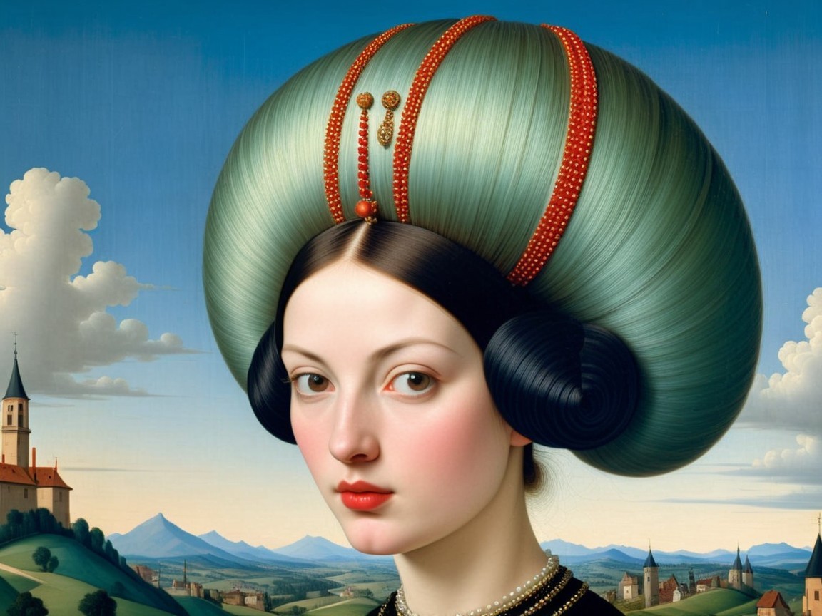 Young woman with elaborate teal and black hairstyle