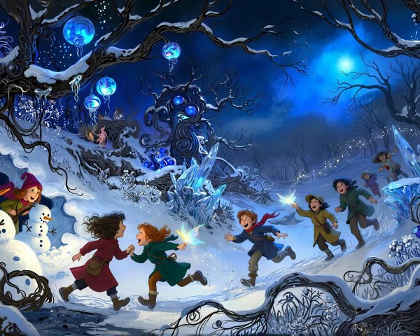 Children Playing in a Snowy Forest at Night