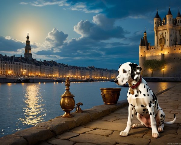 Dalmatian by Riverside with Medieval Castle at Dusk