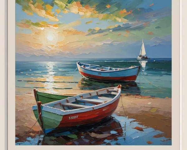 Coastal Scene with Boats and Colorful Sunset Clouds