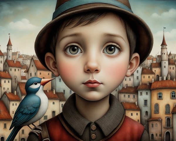 Young Boy with Blue Bird in Whimsical Village Scene