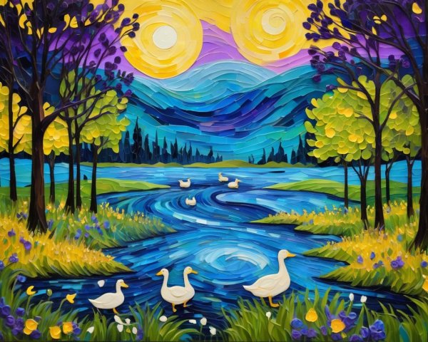 Vibrant Landscape with River, Two Suns, and Ducks
