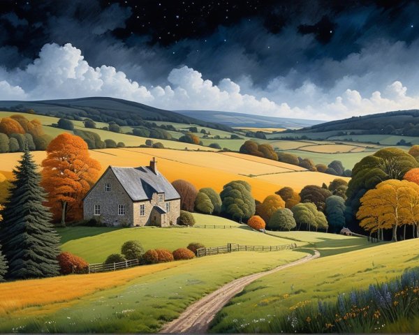 Serene Countryside Landscape with Autumn Foliage