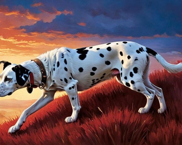 Dalmatian Walking on Grassy Hill at Sunset