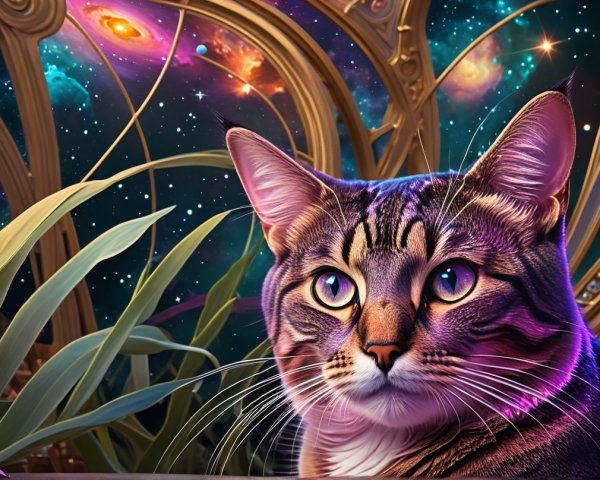 Tabby Cat with Green Eyes in Cosmic Scene