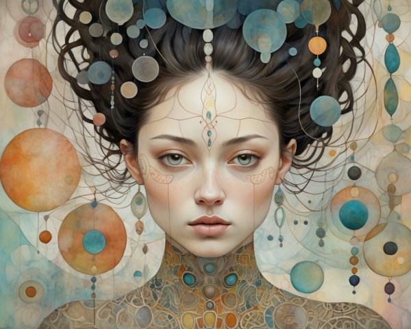 Ethereal Figure with Intricate Designs and Celestial Background