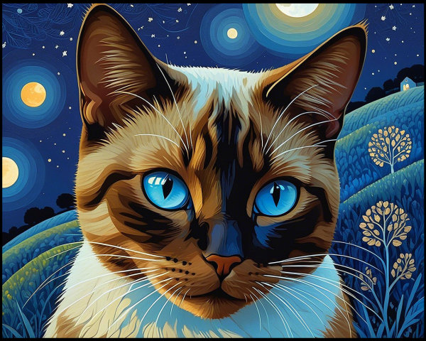 Stylized Cat with Blue Eyes in Starry Night Scene