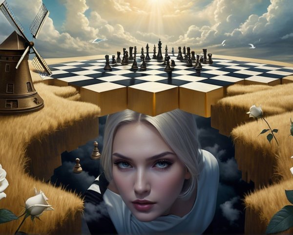 Surreal Landscape with Chessboard and Golden Field
