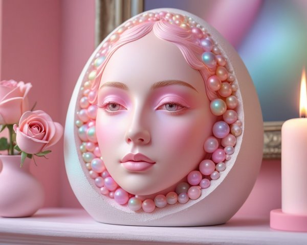 Stylized Oval-Faced Sculpture with Pink Hues and Roses