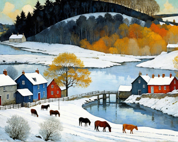 Stylized Painting of Snowy Winter Landscape with Village