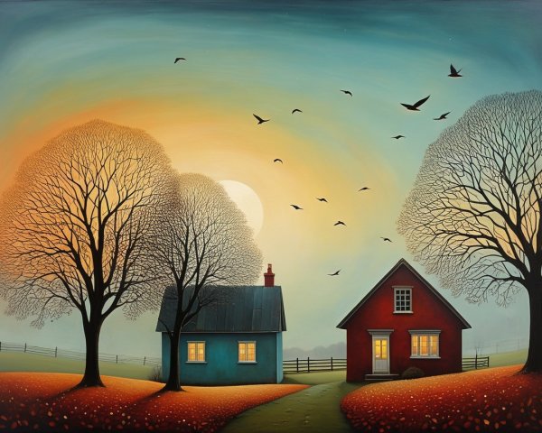 Serene Landscape with Cozy Houses at Sunset