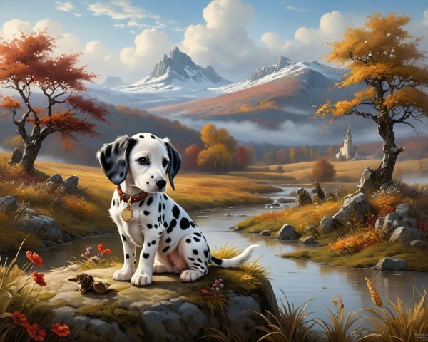 Dalmatian Puppy by River Amidst Autumn Foliage