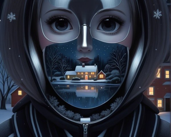 Young girl in winter jacket with silver mask in snow