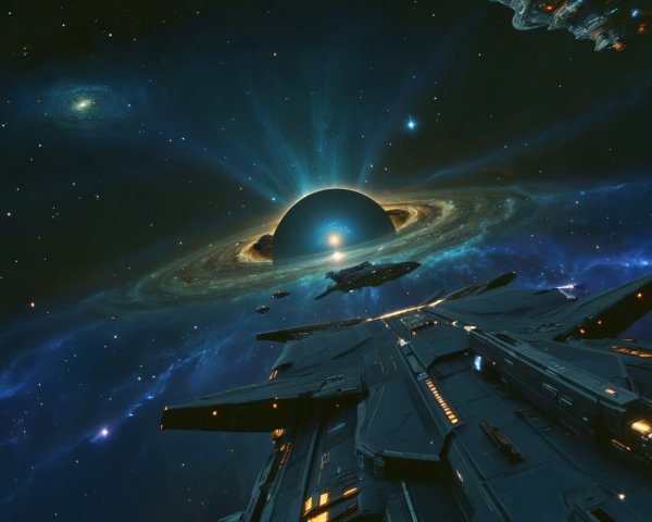 Cosmic Scene with Planet, Rings, and Spacecraft