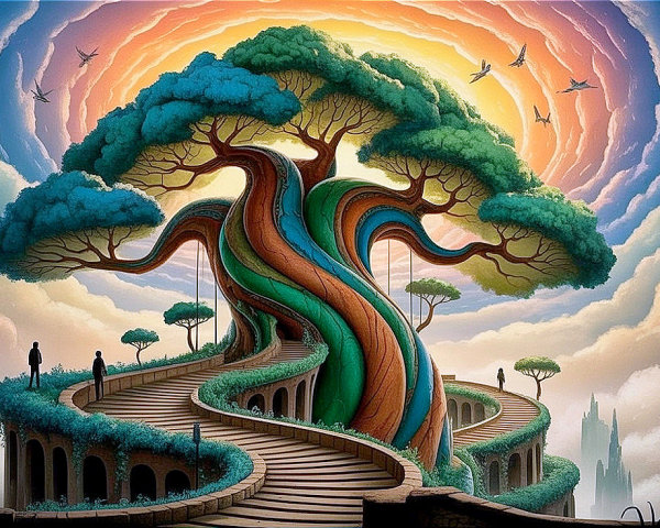 Vibrant Tree Under Colorful Swirling Sky Scene